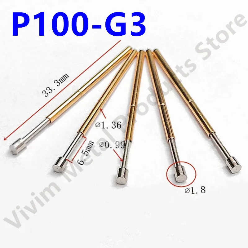 100PCS P100-G3 Spring Test Probe Pogo Pin Spring Test Pin Length 33.35mm Needle Dia 1.36mm Test Probe Head Dia 1.80mm P100-G