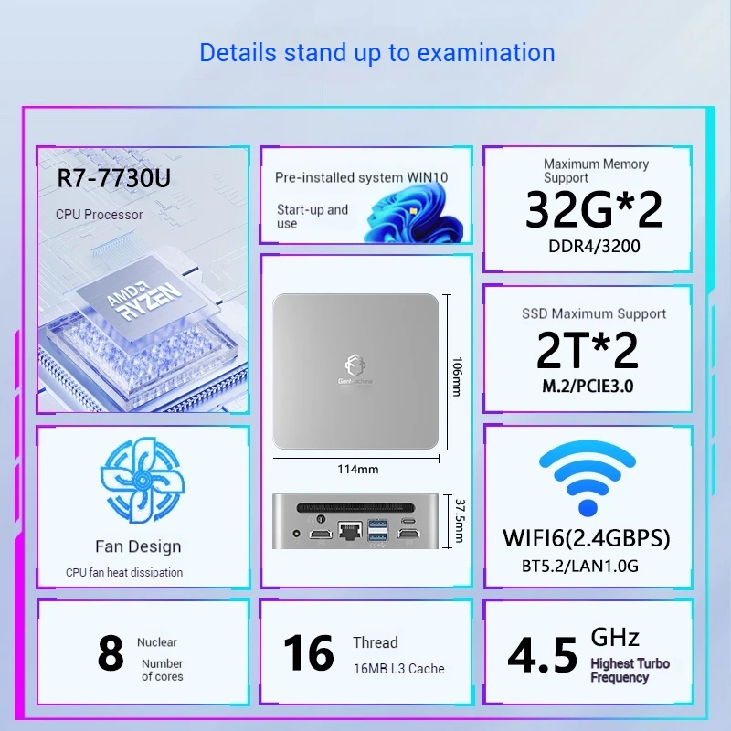 GenMachine AMD Ryzen 7 7730U 16GB RAM+512GB SSD MINI PC Windows 11 8Cores DDR4 WIFI6 RTL8852, BT5.2 Desktop Gaming Computer