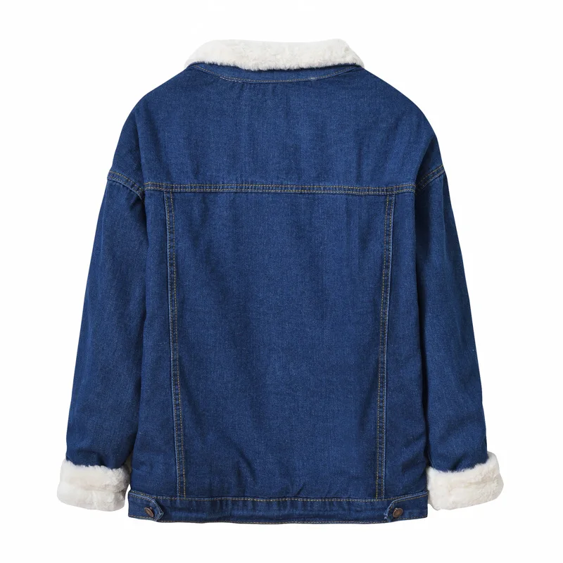 Winter Fleece Denim Jacke Für Frauen Revers Einreiher Patchwork Blau Jacken Amerikanischen Casual Mode Einfachen Dicken Mantel