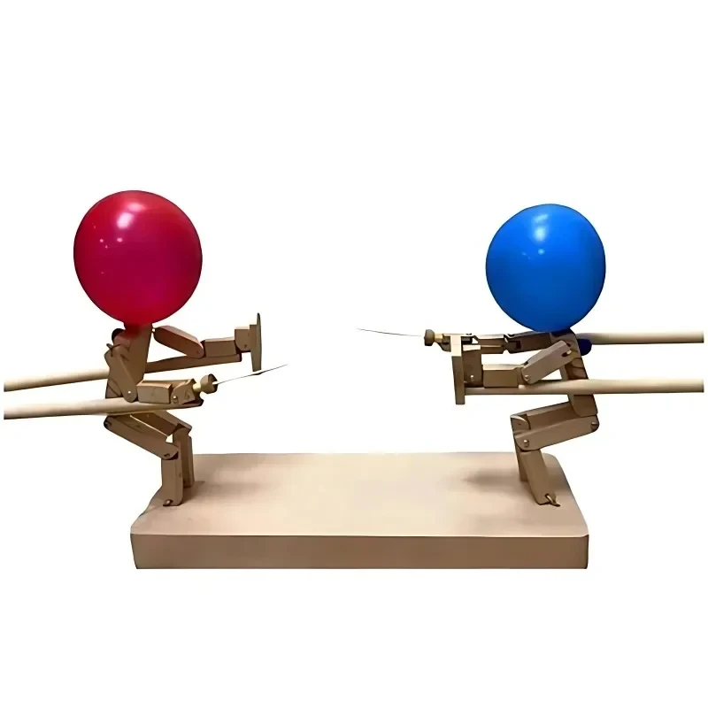 Balloon Bamboo Man Battle Handmade Wooden Fencing Puppets Wooden Bots Battle Game Two-Player Fast-Paced Balloon Battle Game