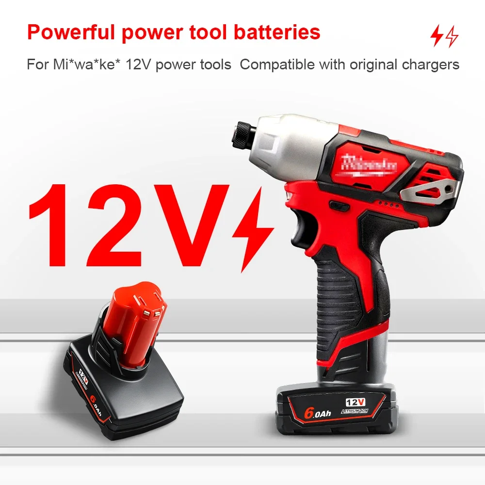 12V 6Ah / 9Ah Li-ion Battery for Milwaukee 12V Tools M12 12V M12B6 XC 6.0Ah Cordless Drill Lithium-Ion Batteries 48-11-2402