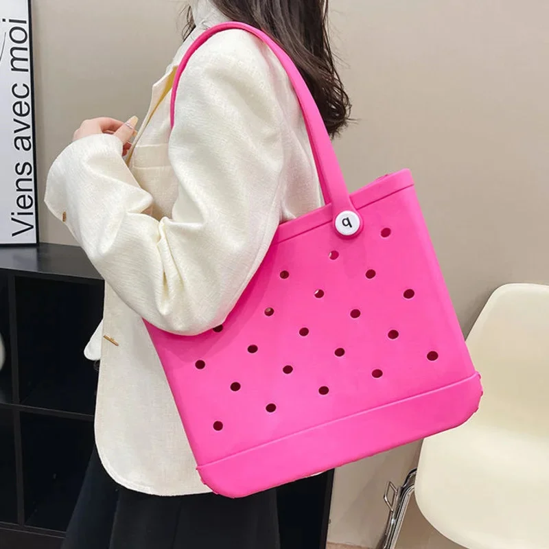 Waterproof Beach Soft EVA Bag Punched Handbag Colorful Summer Water Park Tote Basket Swimming Suit Towels Organizer Shoulder Bag