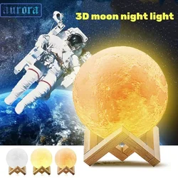 3D Print Moon Lamp 360°Rotation Color Change LED Night Light with Wood Stand Usb Touch Switch Moon Light Bedroom Decor Kids Gift