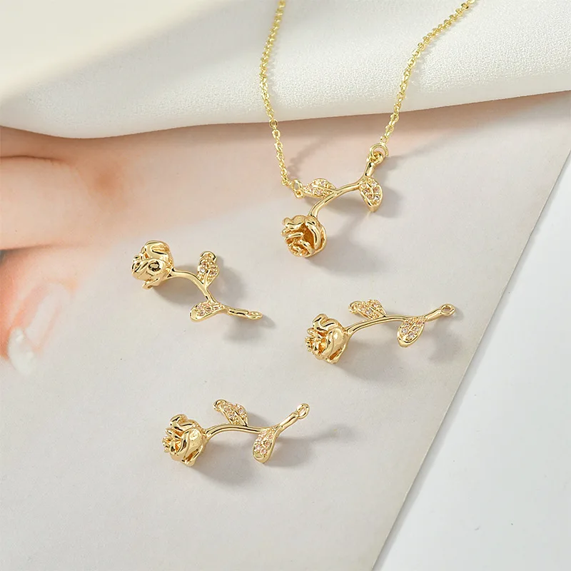 High Texture Copper Plated 14k Gold Double Hanging Rose Zircon Pendant DIY Necklace Bracelet Jewelry Material Accessories