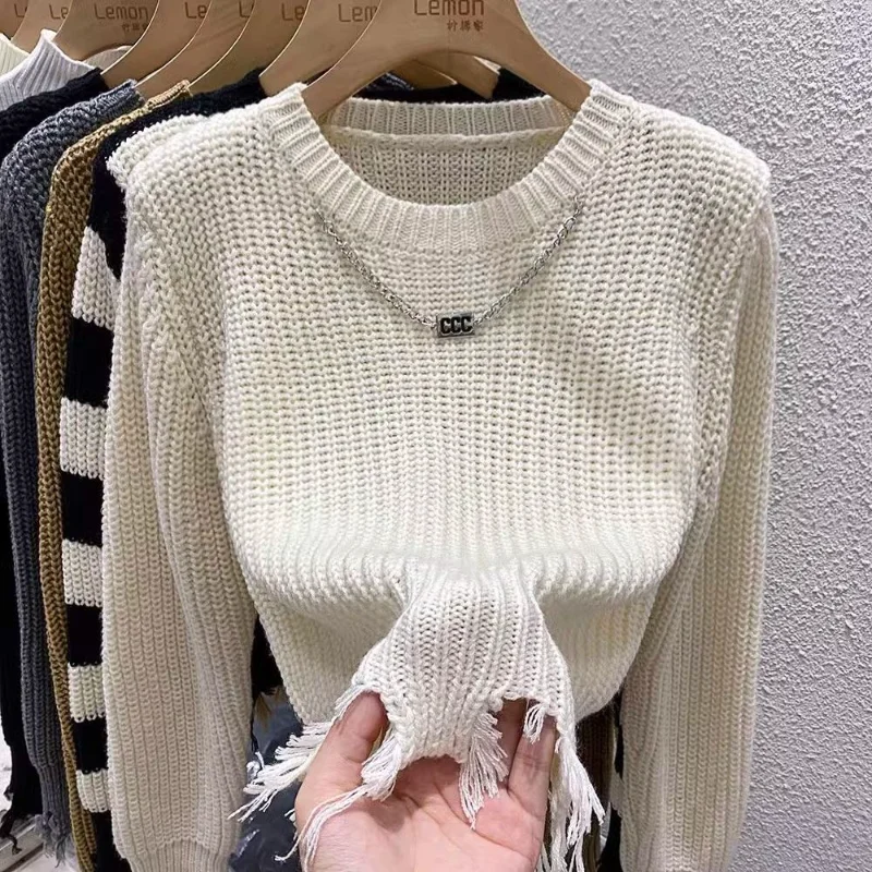 

Round Neck Chain Tassel Burrs Ripped Top for Women Autumn Winter New Short High Waist Knitted Sweater