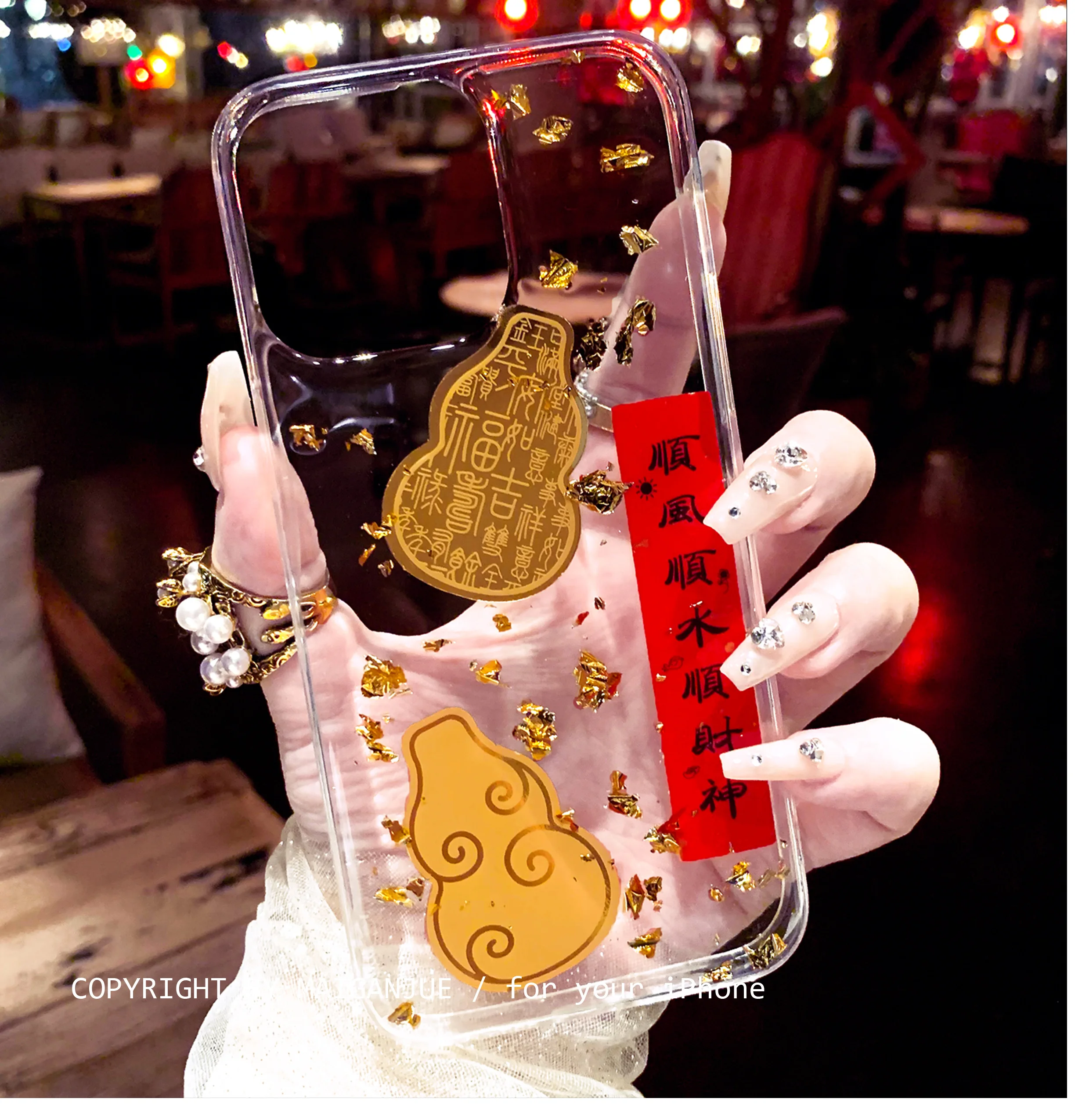 Red God of Wealth Gold Foil Transparent Phone Case for iPhone 15 Pro Max 14 13 12 11 Xsmax Xr 8 Plus Couple Phone Back Cover