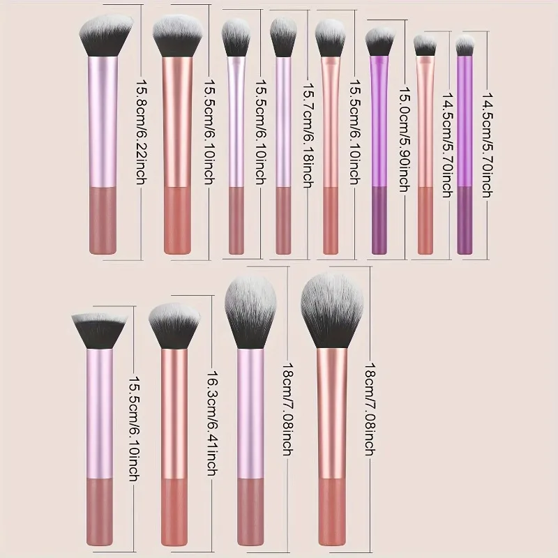 Ensemble de pinceaux de maquillage complets classiques de 12 pièces avec mélangeurs coudés et en forme de larme, 1 bouffée de poudre – Outils d'application professionnels, Nylon