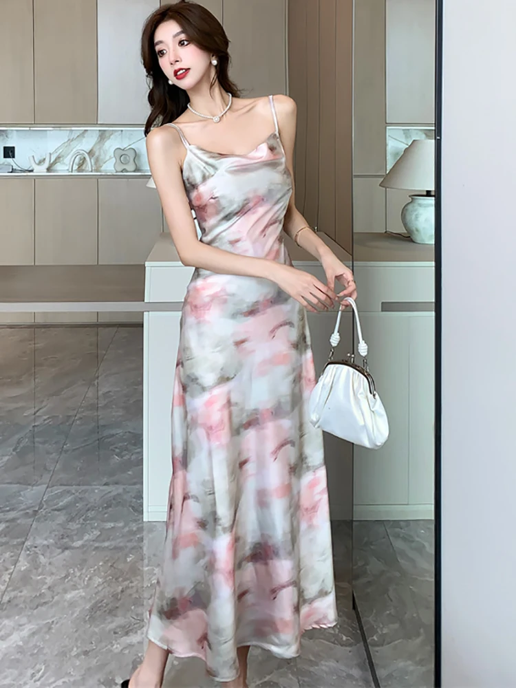 Summer Print Silk Satin Luxury Dance Party Dress Women Fashion Chic Sling Sexy Club Long Dress 2024 Korean Elegant Bodycon Dress