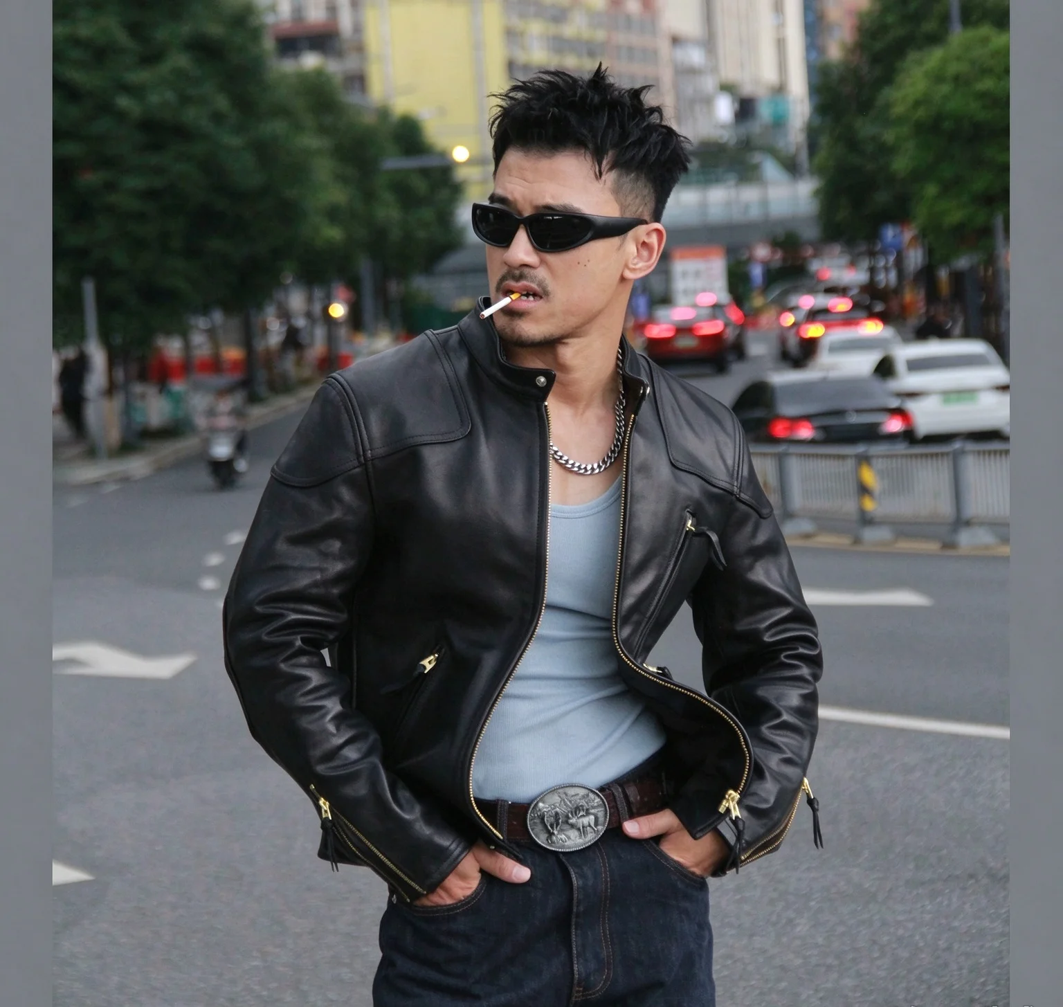 LK1079 Men Retro Genuine Horsehide Motorcycle Jacket Stand Collar Slim Biker Leather Coat Multi Zipper Pockets Street Outerwear