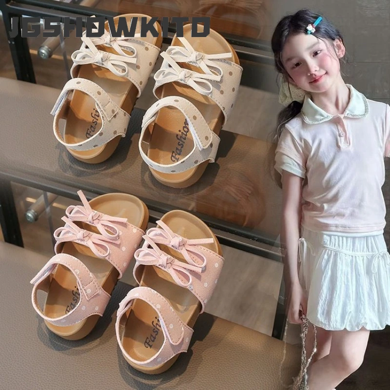 

JGSHOWKITO Summer Children Polka Dot Sandals Outdoor Girl Open-toe Sandals with Bow Beach Non-slip Soft Sole Kids School Sandals