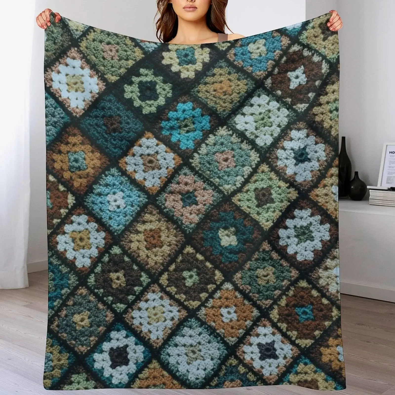 

Crochet granny square pattern blue Throw Blanket Winter beds Decorative Sofas Decoratives Bed Blankets