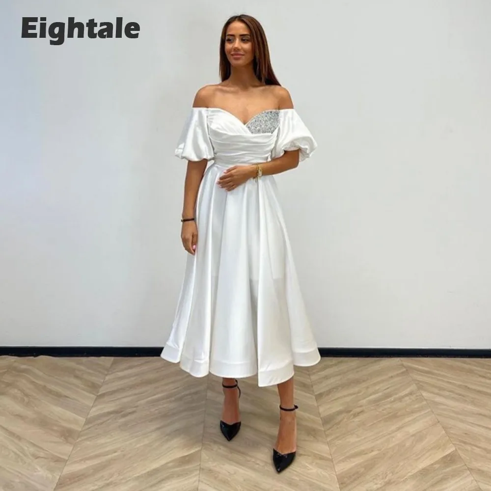 

Eightale White Prom Dresses Sweetheart Beaded Off the Shoulder Short Sleeves Short Evening Party Gown Vestidos Para Graduación