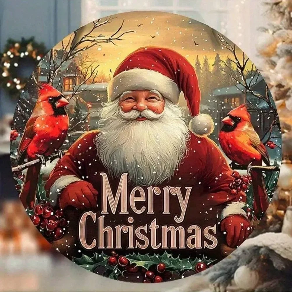HELLOYOUNG Merry Christmas Round Wooden Hanging Sign, Santa Claus Cardinal Bird Wall Plaque, Xmas Front Door Decor