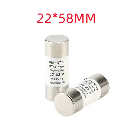 빠른 송풍 세라믹 퓨즈, 22x58mm 퓨즈, 500V, 50KA, 32A, 40A, 50A, 63A, 80A, 100A, 125A, RO17, RT19, RT14, RT18, 2 개