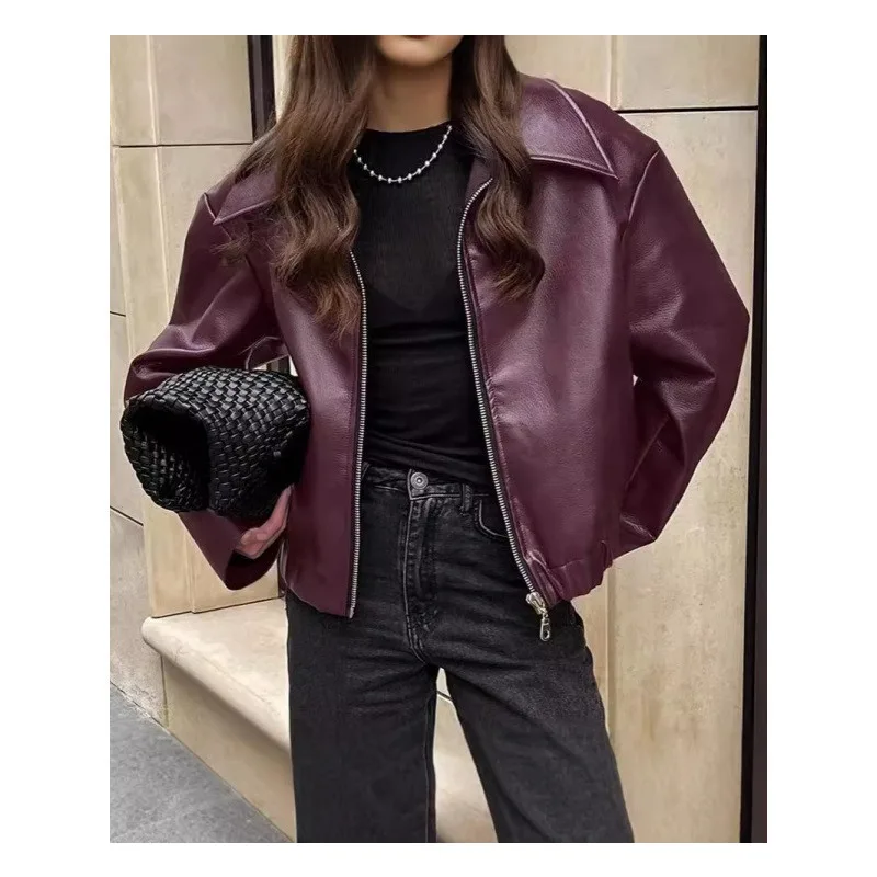 

2025 Новая модная свободная куртка из искусственной кожи, женская осенняя куртка на молнии с лацканами и длинными рукавами, уличная одежда, бордовые женские пальто-бомберы
