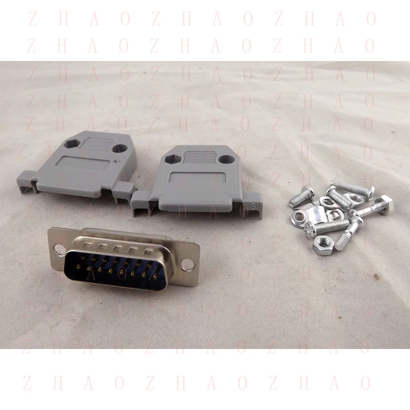 L+ 1x  for DB15 15 Pin 2 Rows Male D-Sub Connector & Gray Plastic Cover Hood Backshell