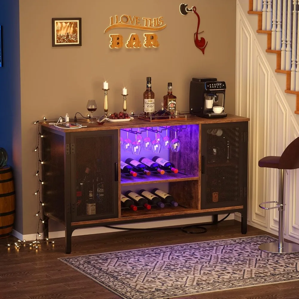 Wine Bar Cabinet with Led Lights and Power Outlets, Bar Cabinet for Liquor and Glasses,Farmhouse Bar Cabinet, Rustic Brown