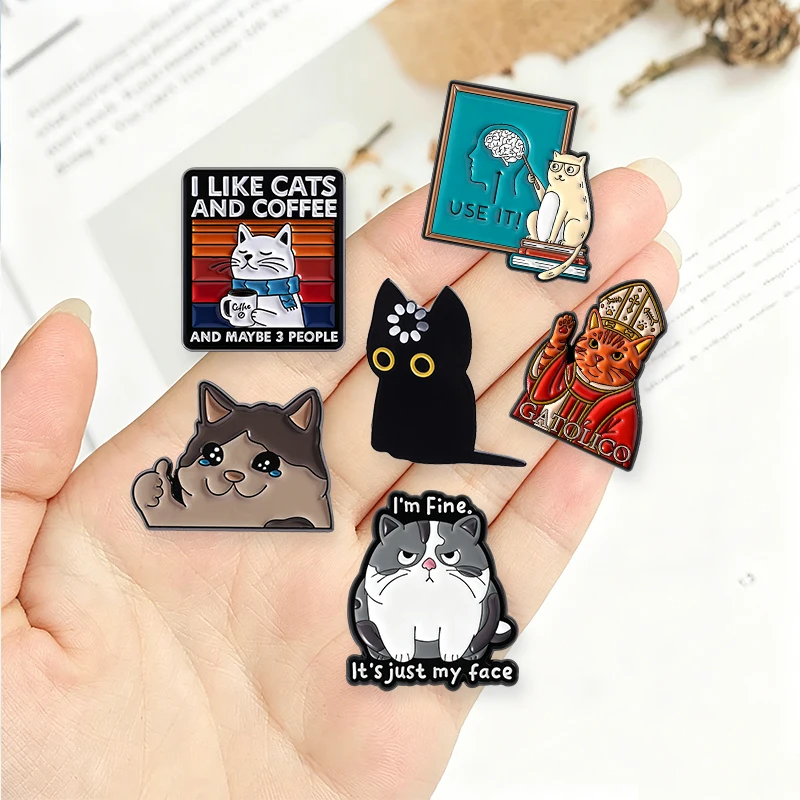 Niedliche Cartoon-Katzen-Kollektion Emaille-Pins Ich mag Katzen & Kaffee Schwarze Katze Void Spinning Loading Metallbrosche Schmuck Großhandel – Detail 4