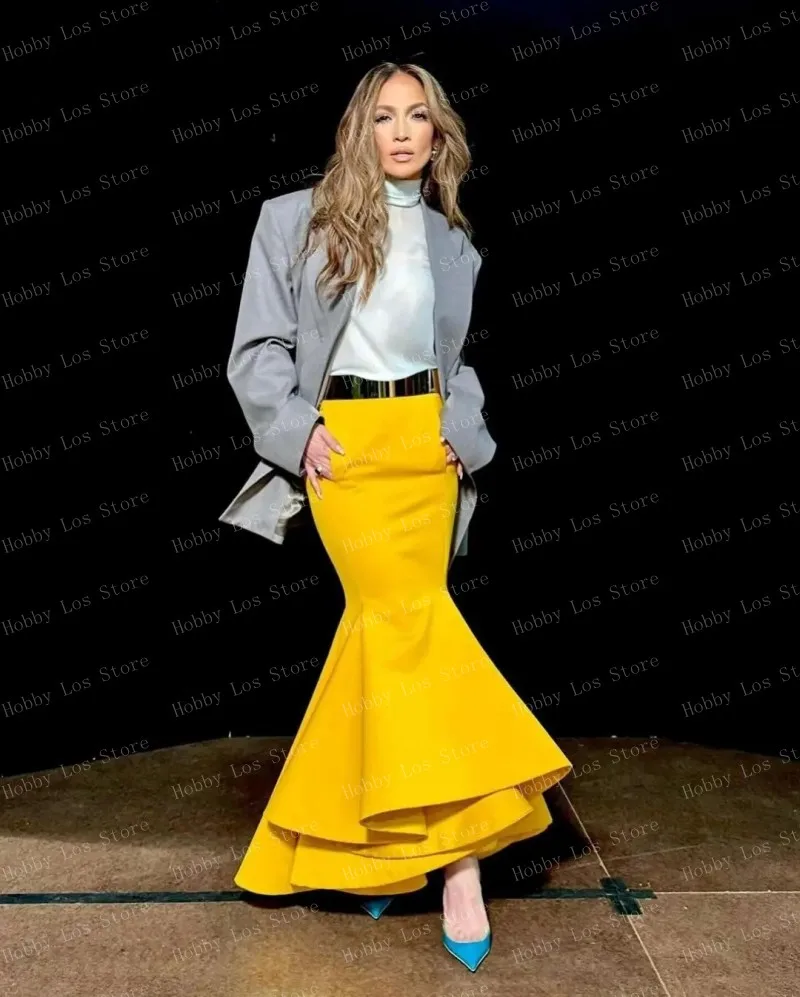 HOBBY Layered Yellow Satin Mermaid Skirt Ruffled Midi Long Evening Skirts High Waist Elgant Women Skirts Plus Size Gown