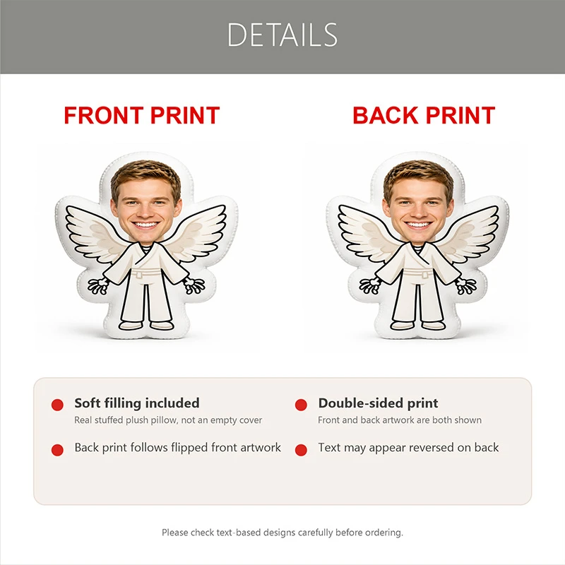Custom Personalized Photo Angel Shaped Pillow, Smiling Face White Robe Decorative Cushion, Unique Home Decor Accent for Sofa & B