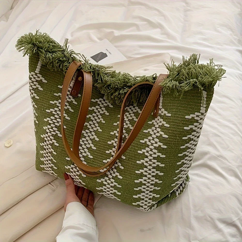 

Шикарная холщовая большая сумка в полоску с бахромой — вместительная сумка через плечо для пляжа и покупок, можно стирать в машине