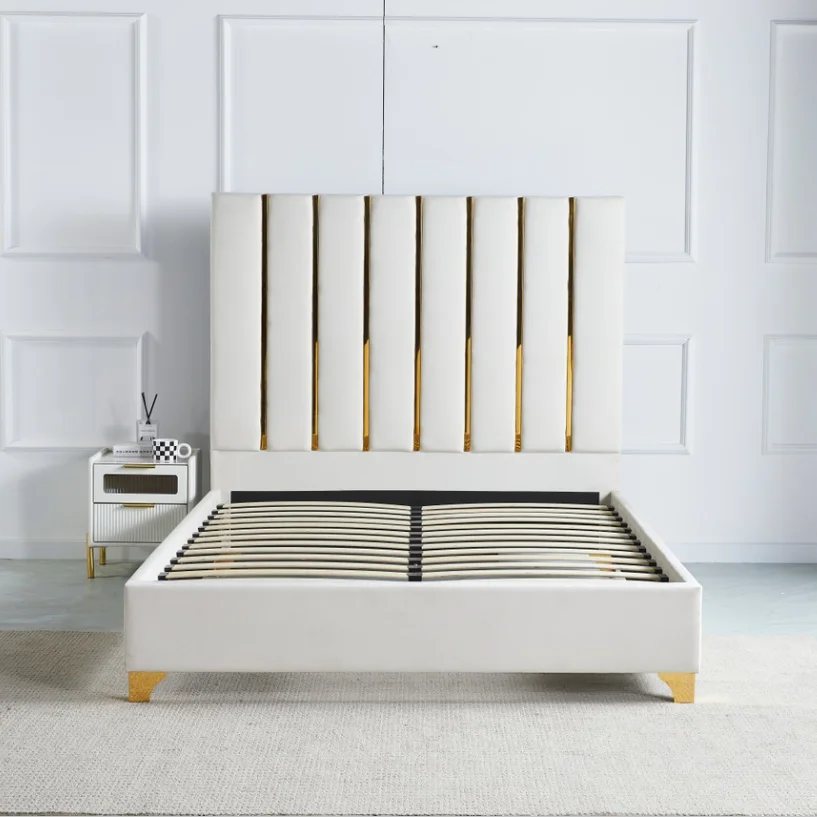 

Upholstered Platform Luxury Bed Room Stainless Steel Bed Frame Gold Beige Gray White Leather Upholstered Queen king Velvet Bed