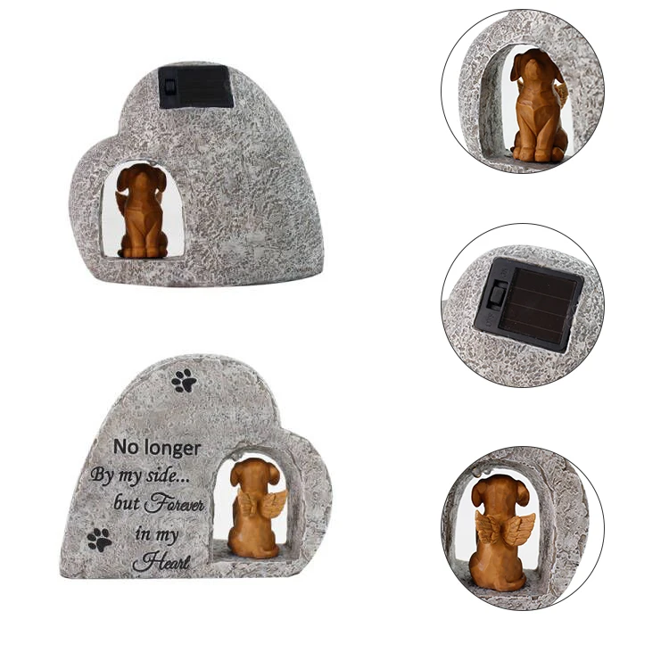 Personalized Solar Dog Pet Memorial Stone with A Angel Puppy Memorial Statue, Custom Dog Grave Marker Or Garden Memorial Stone