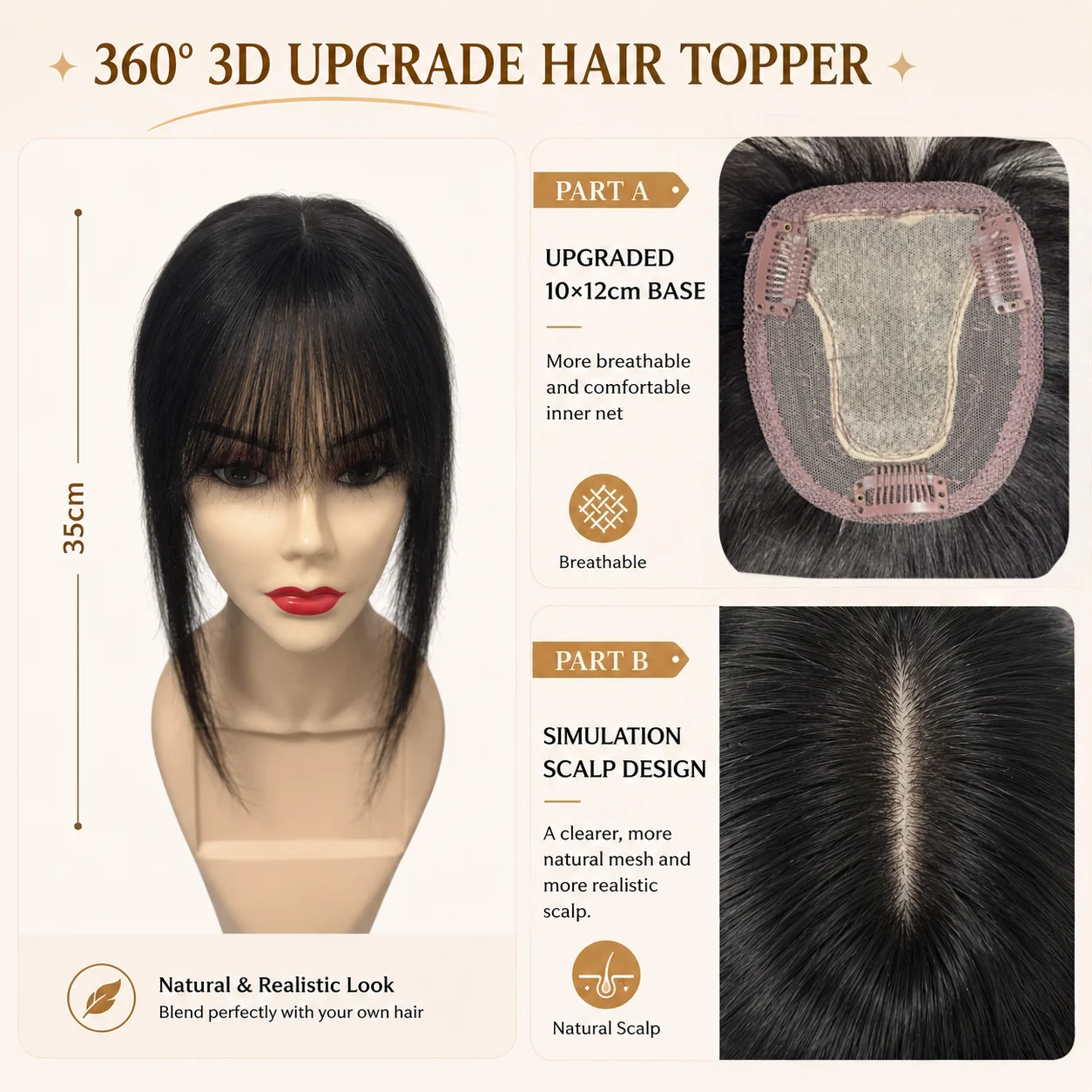 Natural T-part Lace Base Human Hair Toppers for Women with Bangs Clip-in Extension Hairpiece for Thinning Hair Scalp Coverage