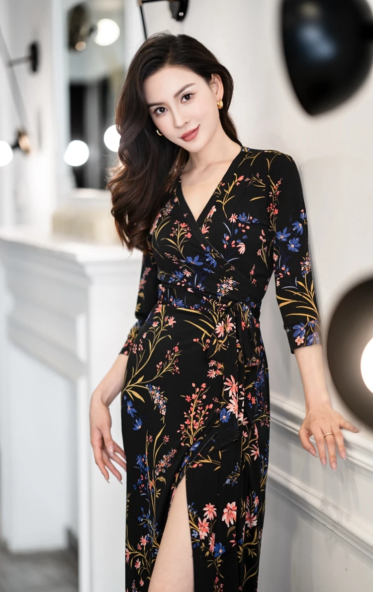 

New Chinese Sle Bla Print Wrap Dr Ele Aosphere Spring Summer New Arrival Women's Dr High Waist A-Line Skirt