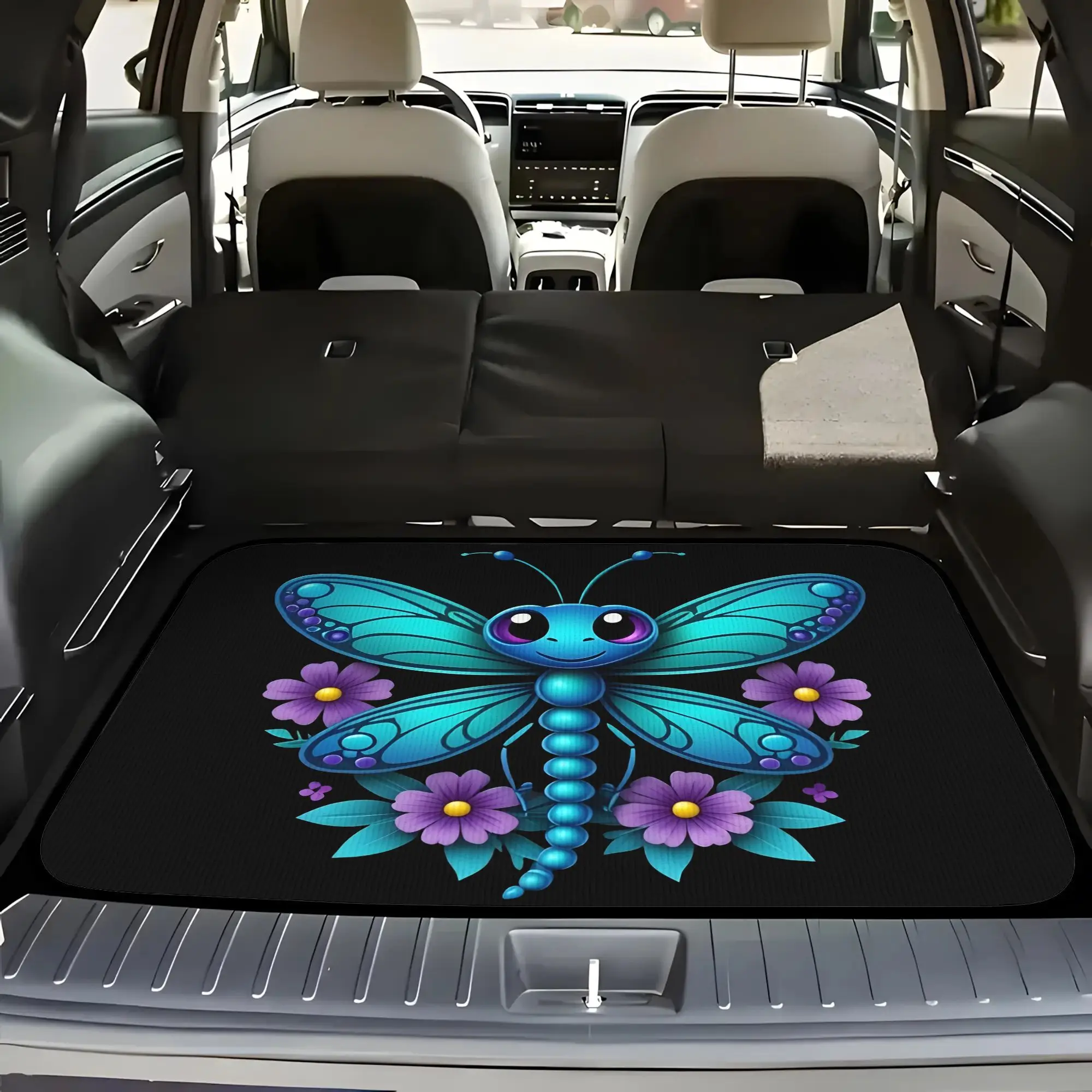 2D Plane 5pcs Dragonfly Floral Print Car Floor Mat | Trunk Liner -5pcs Set (including 4 Floor Mats And 1 Trunk Liner) With Styli