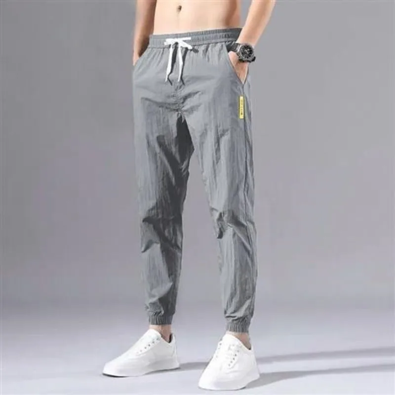 Summer New Fashion Trendloose Large Size Thin Lce Silk Breathable Korean Sports Mens Joggers Street Pants Casual Men Sweatpants