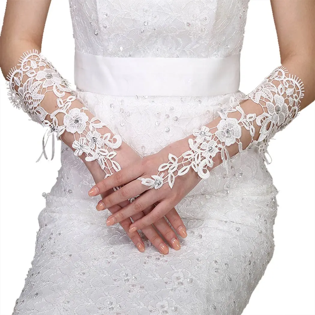 

Lace Crystal Women’s Wedding Gloves Fingerless Elbow Bridal Gloves Floral Ivory Long Gloves Wedding Accessory for Bride