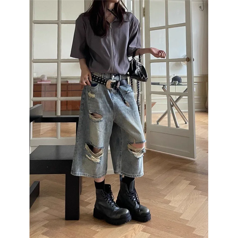 

American street Vibe high waisted ripped wide leg jeans for women loose and casual retro washed straight leg cropped pants