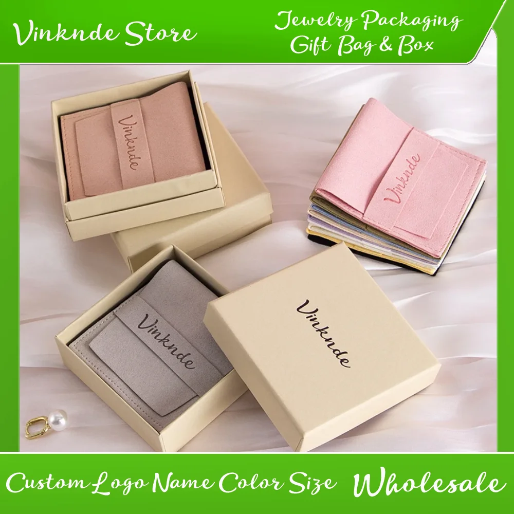 

Custom Logo Jewelry Box With Microfiber Bags Personalized Wedding Gift Packaging Case Velvet Earrings Ring Necklace Storage Sack