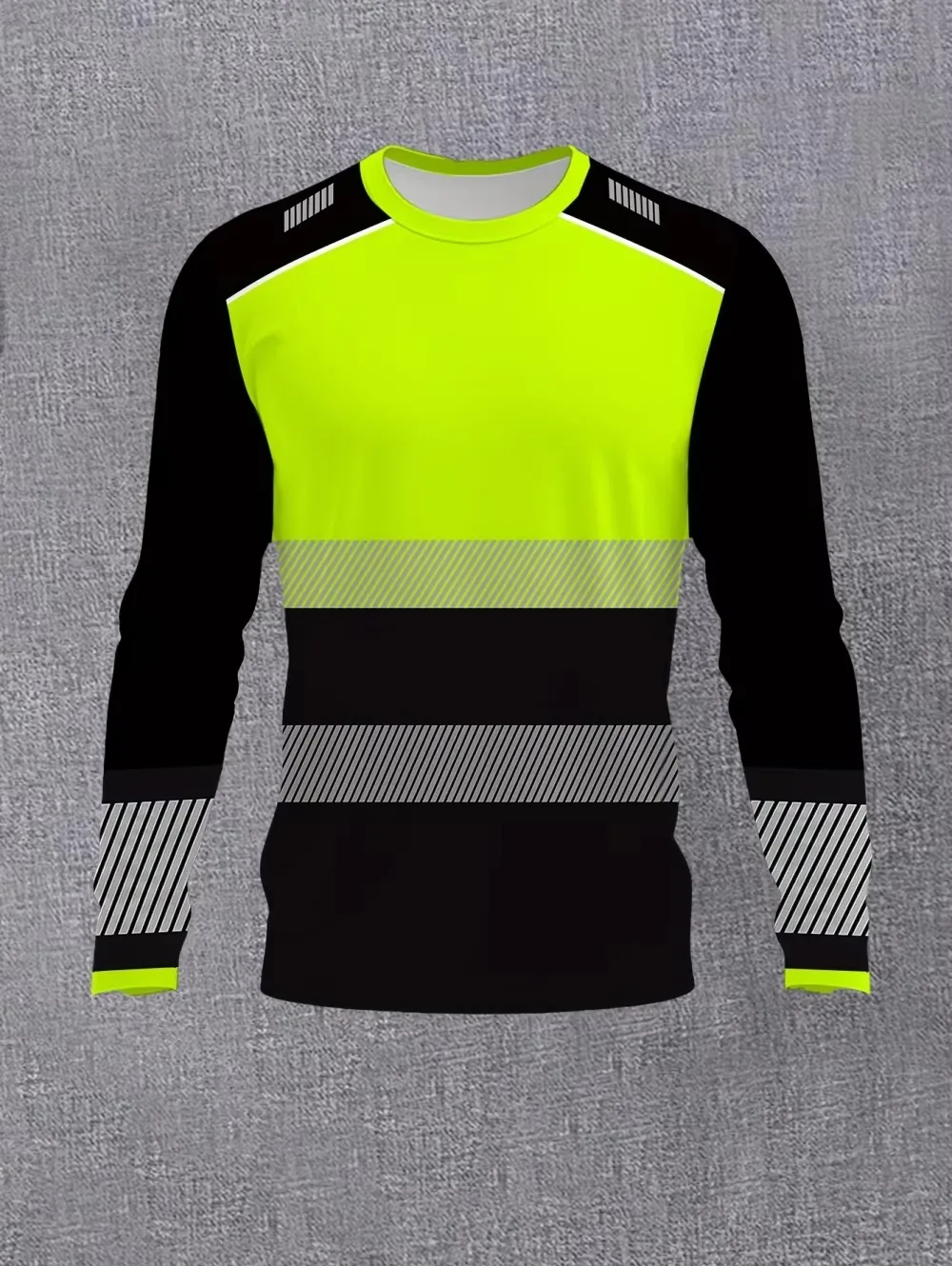 Men Long Sleeve T‑Shirt Color Block Stripe Print Tops Casual Polyester Crew Neck Daily Wear Tee Not Reflective