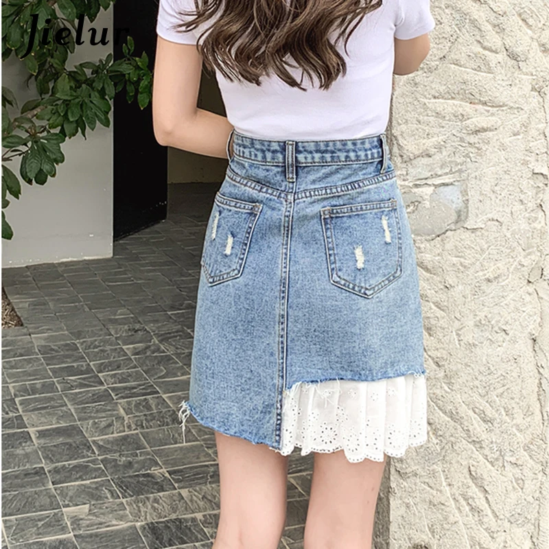 New Blue Ripped Denim Skirts Women Summer Denim Patchwork Mesh High Waist Skirt Jean A-line Skirt Girls Short Faldas