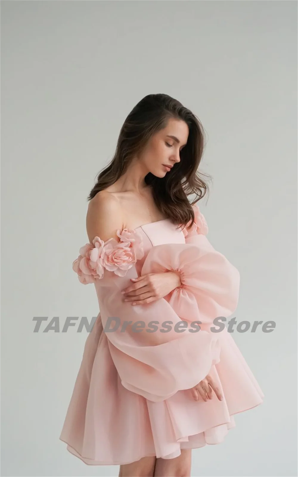 TAFN Princess Pink Party Gown plissettate Flowers Off the Shoulder maniche lunghe abiti da ballo a-line drappeggiati vestidos de festa Lace-up