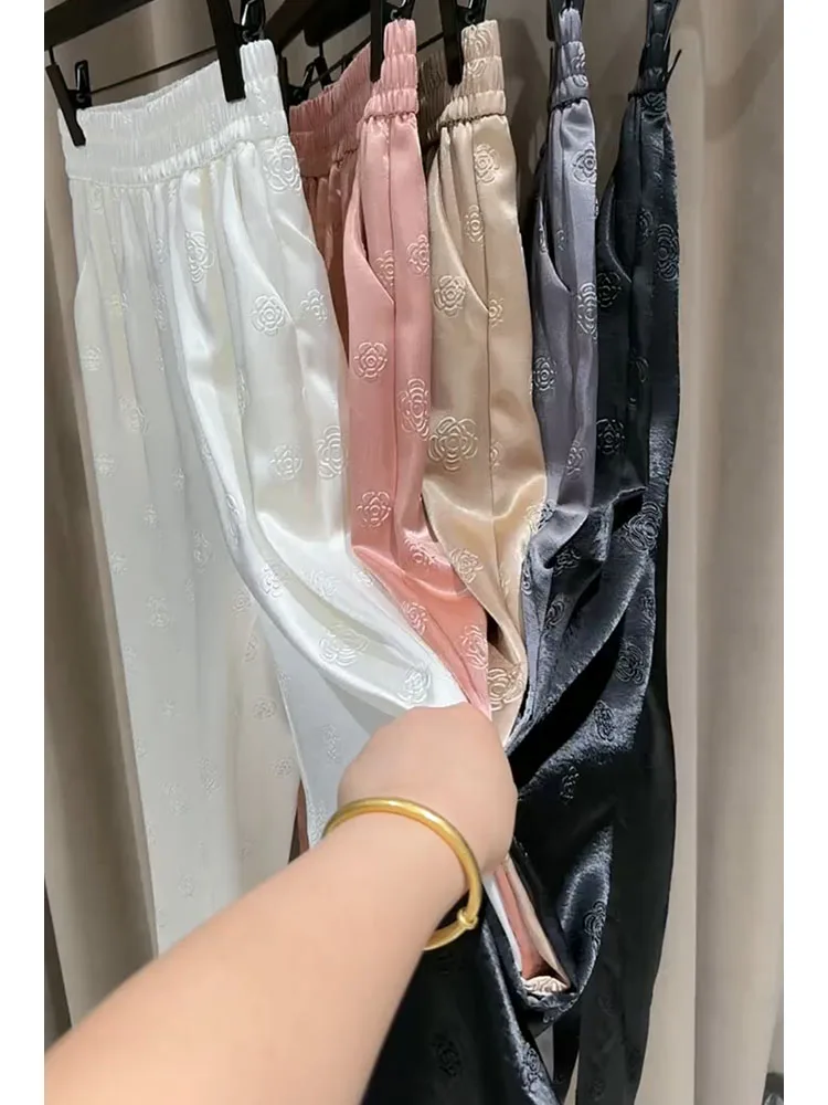 

Casual Rose Emed Acetate Satin Straight Leg Pants Women's Spring Elastic Waist Slimming Drapey Versatile Long Trousers