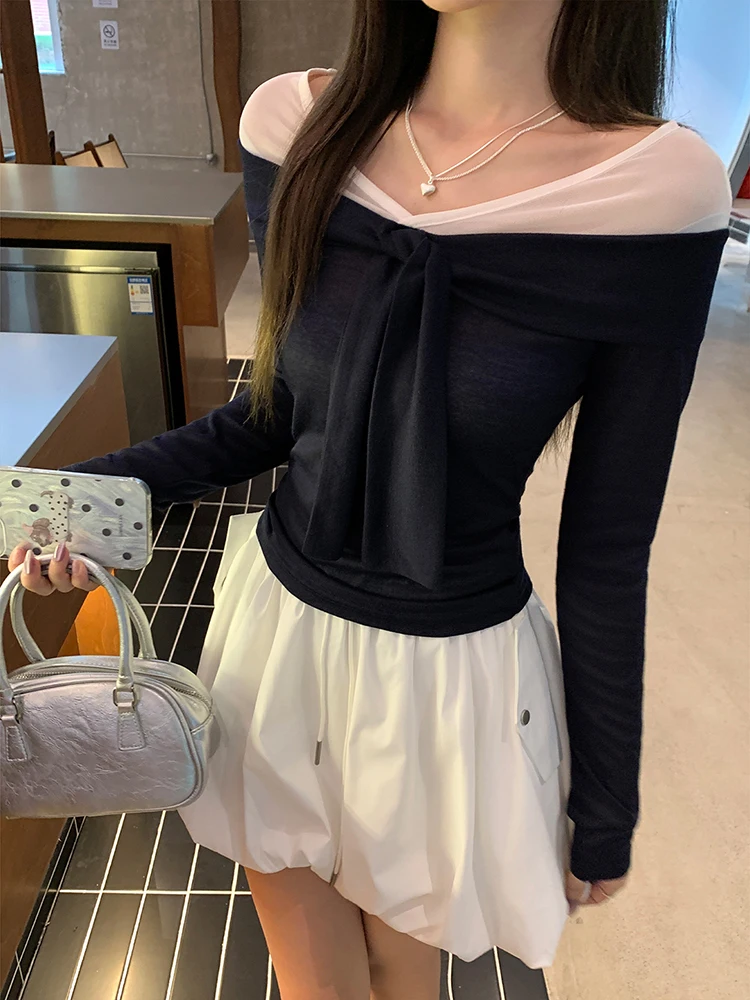 Süße Preppy Slim Fit T Shirt Frauen Langarm Verband Off Schulter Casual Sexy Tees Mesh Gefälschte Zwei Stück Patchwork Hottie Tops