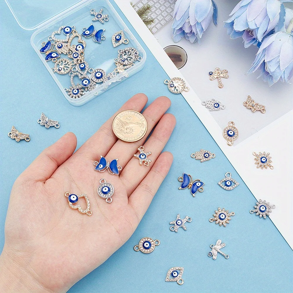 10pcs Mixed Evil Eye Enamel Charms With Rhinestones Alloy Metal Connector Pendants For DIY Bracelet Necklace Jewelry Making