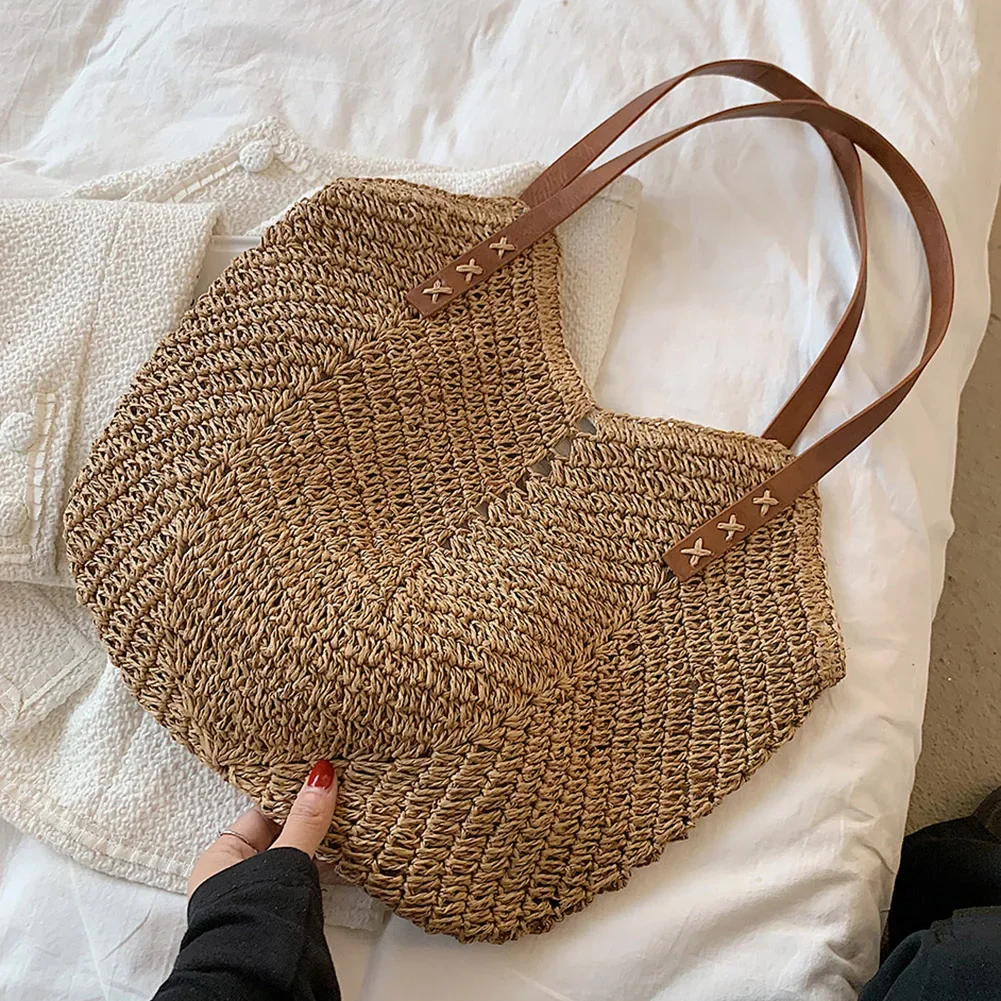 Saco de palha tecido Rattan oco para mulheres, sacos de praia crochê, bolsa de ombro, bolsas de senhoras tecelagem, moda, verão, 2023