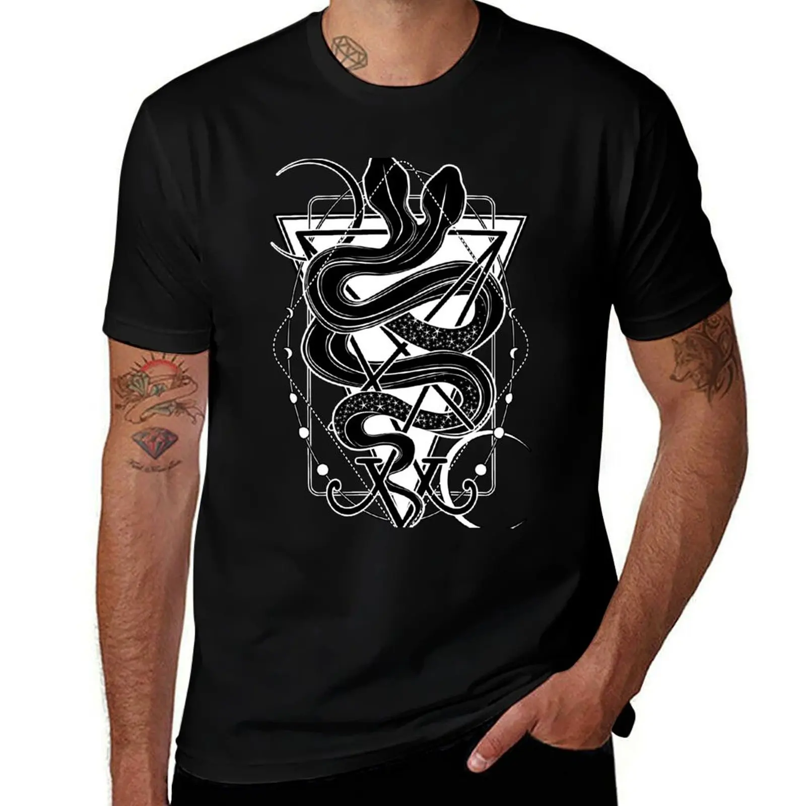 Two-headed snake and the Sigil of Lucifer T-Shirt Anti-Fade Casual Tee Shirt