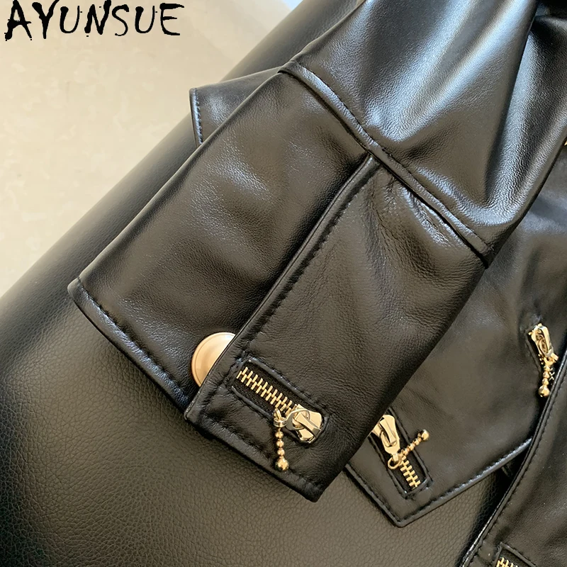 AYUNSUE Real Leather Jacket Coat Women Zippers Genuine Leather Sheepskin Motorcycle Fashion Luxury Brand Designer Ladies Tops