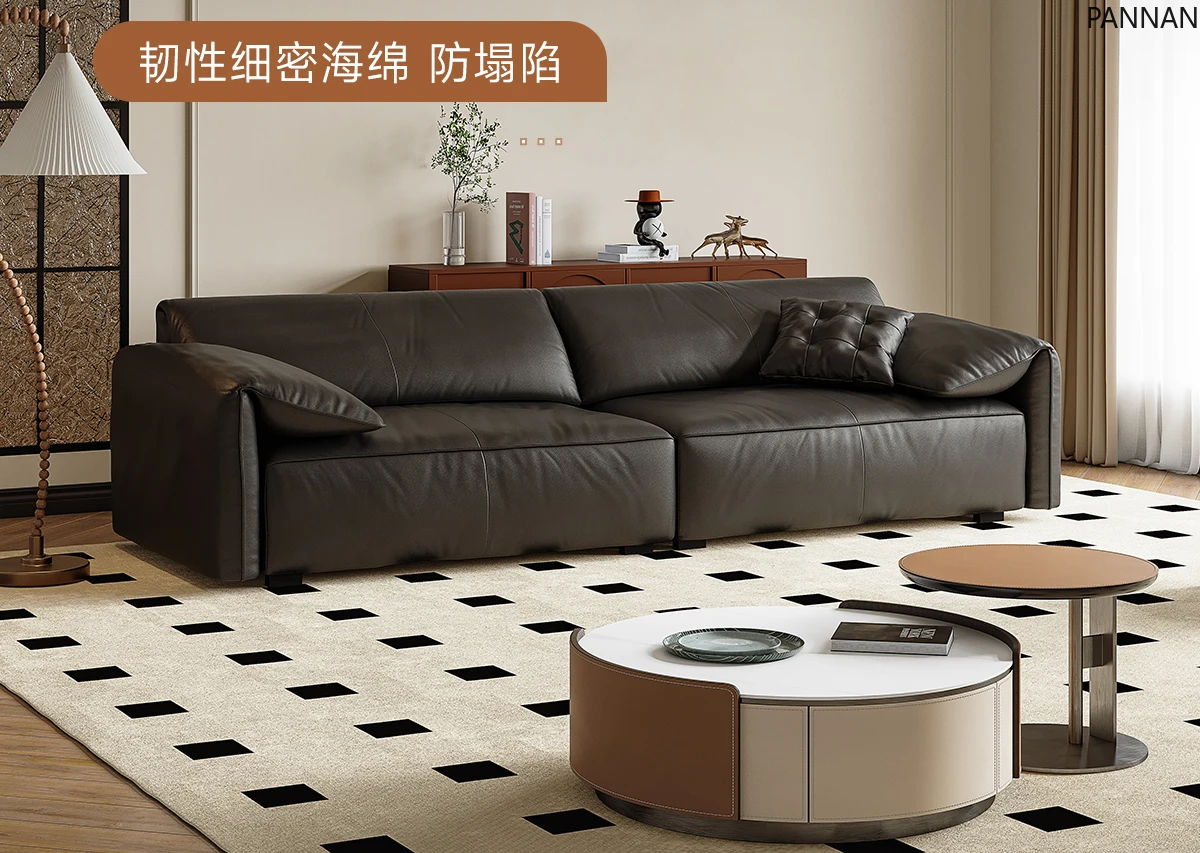 Elephant Ear Sofa Black French Retro Living Room Leather High-end Inline Sofa
