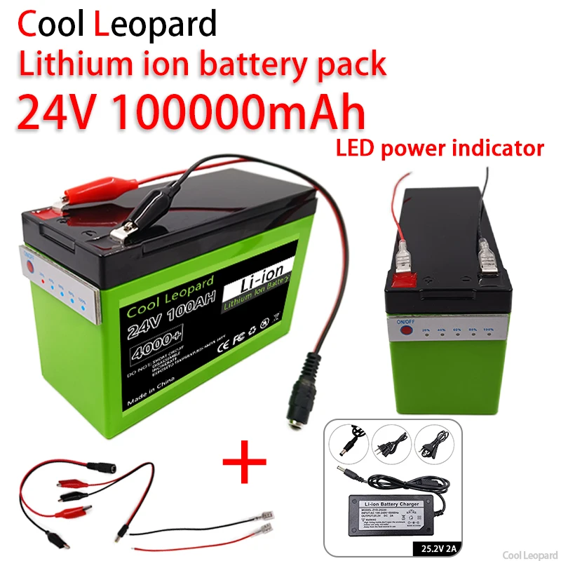 24V 100Ah Rechargeable 18650 Lithium Battery with Led Light,for LED Lamp Electric Vehicle Solar Storage Battery+25.2V Charger