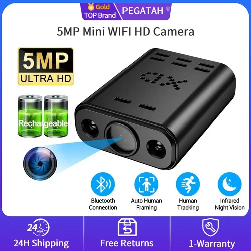 Mini cámara WiFi HD de 5MP con batería integrada, seguimiento humano, visión nocturna IR, monitoreo remoto IP, cámara corporal portátil
