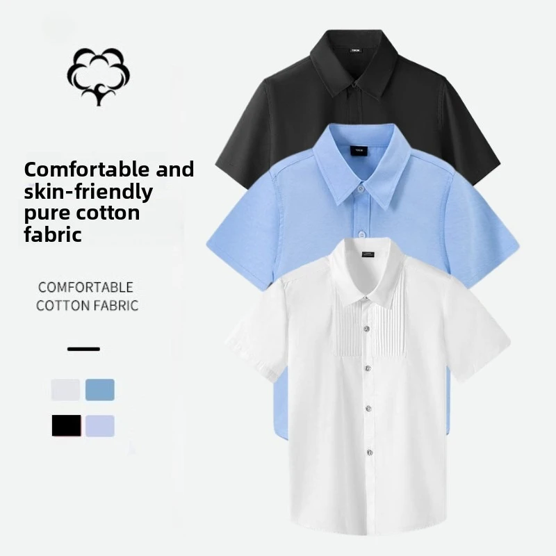 

Kids Short Sleeve Cotton Shirt Comfortable Skin-Friendly Solid Tops Pleated Detail Boys Girls School Uniform Performance Wear