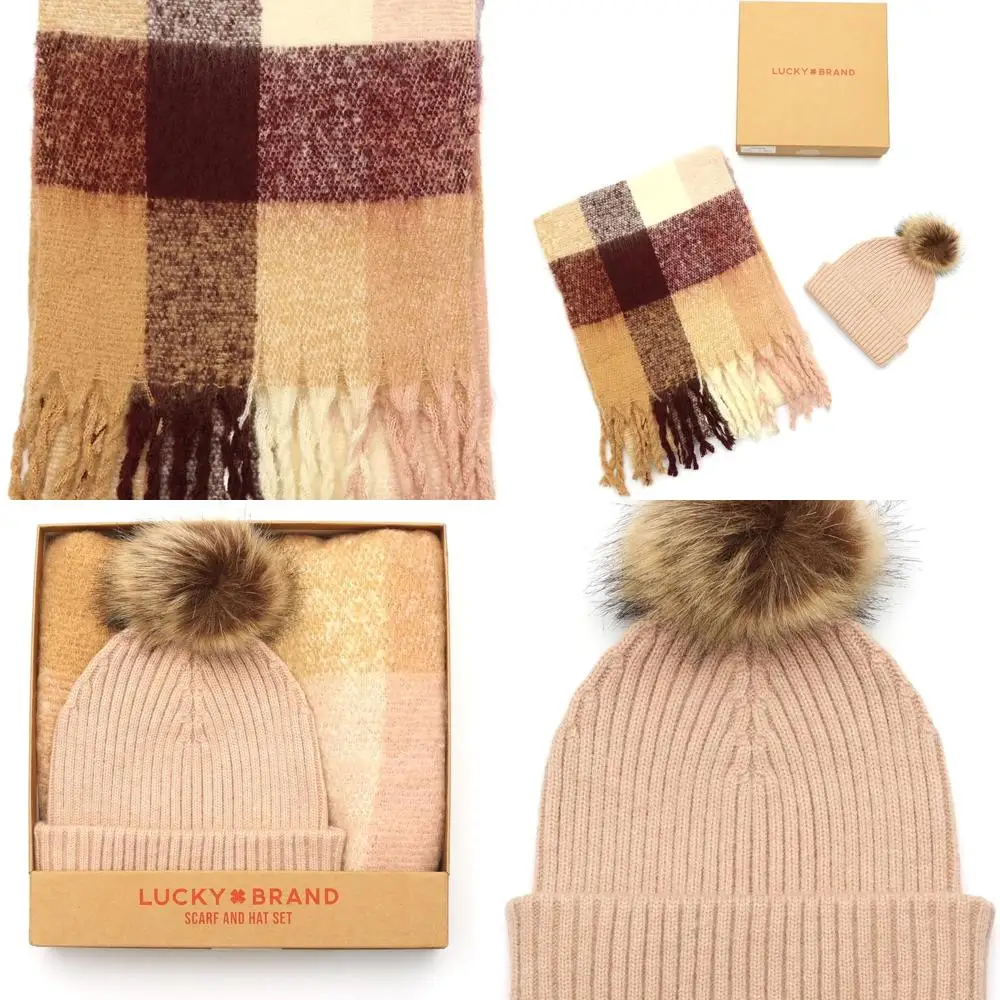 طقم وشاح نسائي منسوج وقبعة بوم - علبة هدية