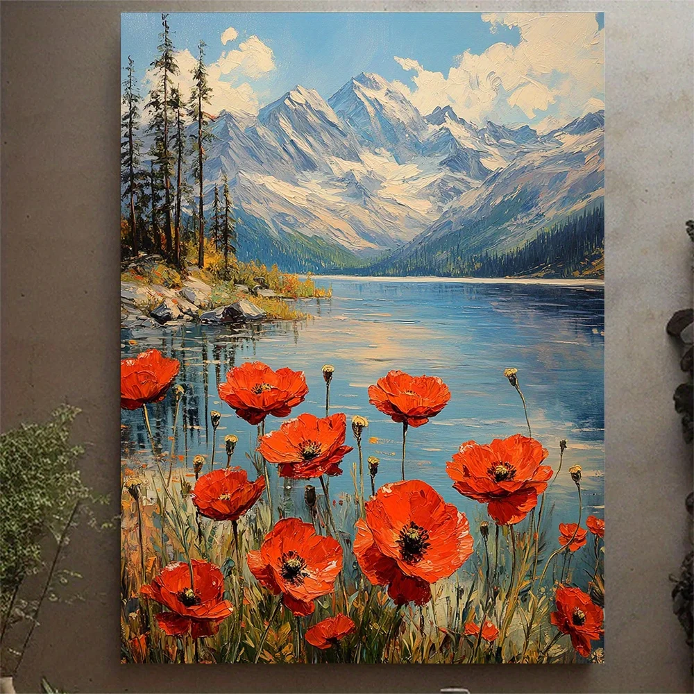 (No frame)1pc Vibrant Red Poppy Painting with Snowy Mountain Lake - 12x16 Inch Alpine Blooms Canvas Art Print, Nature-Inspire