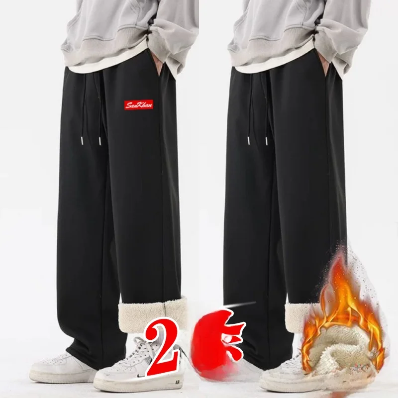 

Мужские зимние модные брюки прямого кроя с принтом, на флисовой подкладке, теплые, облегающие, повседневные, универсальные, спортивные, длинные брюки